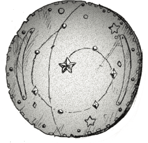 Bronsskiva som föreställer Orlanths ring vid en magiskt gynnsam tid under dess bestigning av Sky Dome. Skivan används för att beräkna lämplig tid för vissa Orlanthi-ritualer. (STARFIRE RIDGE).