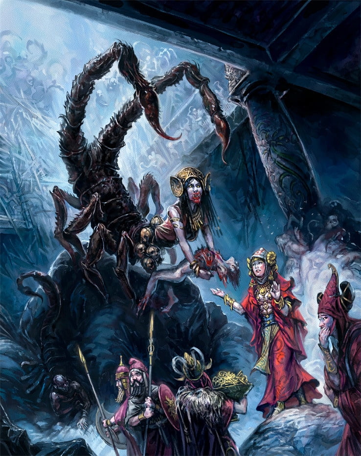 A group of Lunar magicians and guards led by a fearless priestess present tribute to the terrible Scorpion queen in her undoubtedly smelly lair