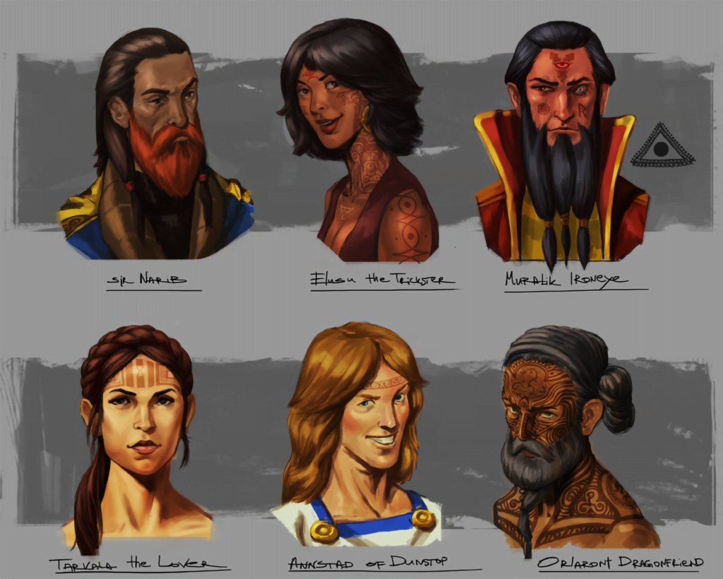 Argrath Companions: Sir Narib, Elusu the Trickster, Muratik Ironeye, Tarkala the Lover, Annstad of Dunstop, and Orlaront Dragonfriend