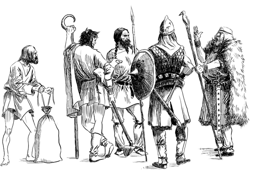 A cross section of the Orlmarthing clan is depicted in this picture. From right to left- the clan chieftain carrying the sacred Woodpecker Staff, a thane, a carl farmer, a cottar herdsman, and a stickpicker or thrall. From right to left- the clan chieftain carrying the sacred Woodpecker Staff, a thane, a carl farmer, a cottar herdsman, and a stickpicker or thrall