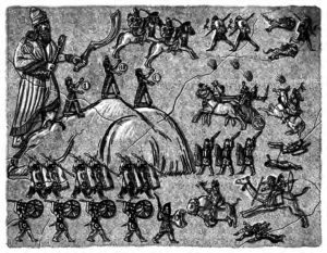 Bas relief from Sartar’s Palace depicting the defeat of King Tarkalor and the Feathered Horse Queen by the Red Emperor at the Battle of Grizzly Peak in 1582 ST