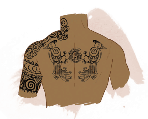 Clan markings of the Olmarth clan in its traditional placement on the body