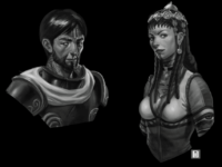 L - Harmast, son of the chieftain of the Ernaldori clan; R - Yanioth, apprentice priestess of the Earth goddess Ernalda
