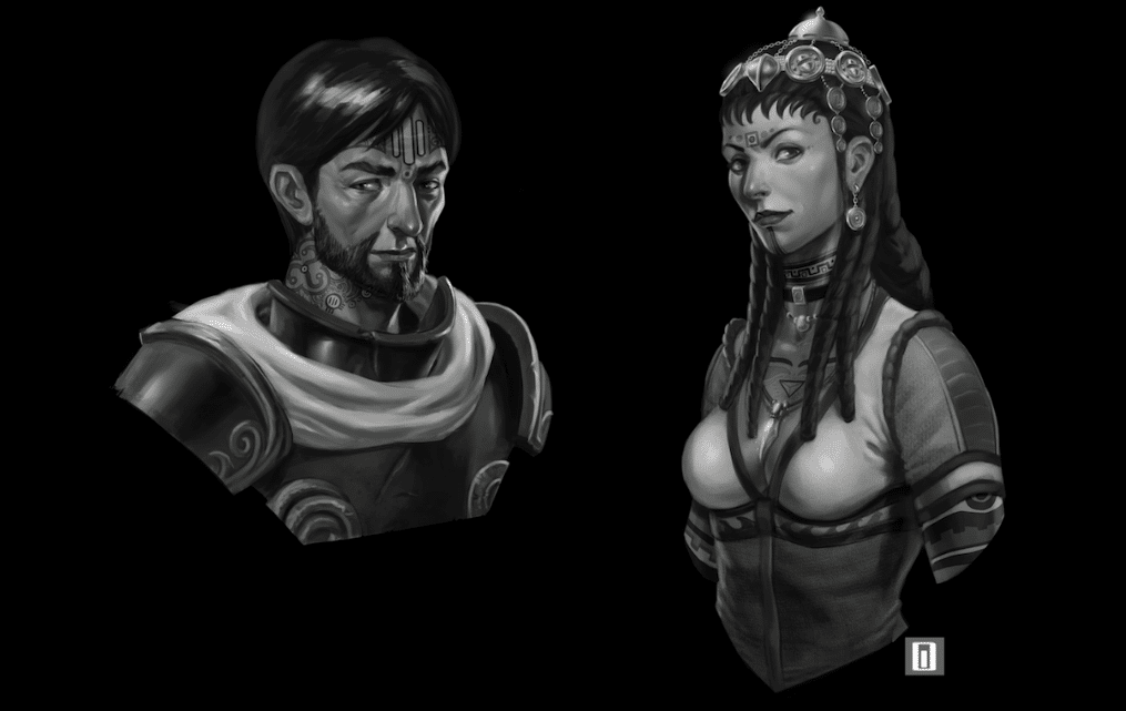 Brandgorson L - Harmast, son of the chieftain of the Ernaldori clan; R - Yanioth, apprentice priestess of the Earth goddess Ernalda