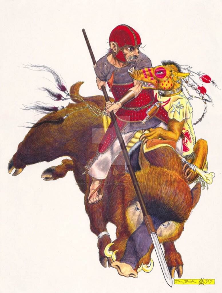 Tusk Rider &ndash; Their steeds are great battle-pigs, as large as bison, well-suited to crossing forests and hills without trouble. They are hired as ruthless and vicious mercenaries, at a terrible price