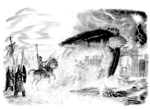 Hwarin Dalthippa, the Conquering Daughter, mounted on her horned war horse, surrounded by Lunar Soldiers, surveys the raging Black Eel River