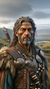 Varangost Grey-Wings, a 48-year-old chieftain from the Hiording clan - He is a commanding figure with a weathered, stern face