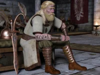 DALL·E 2024-02-19 08.13.05 – Create an image of a white, middle-aged, bearded Orlanthi thane with blond hair, sitting in his hall. He is a noble warrior, reminiscent of Bronze Age